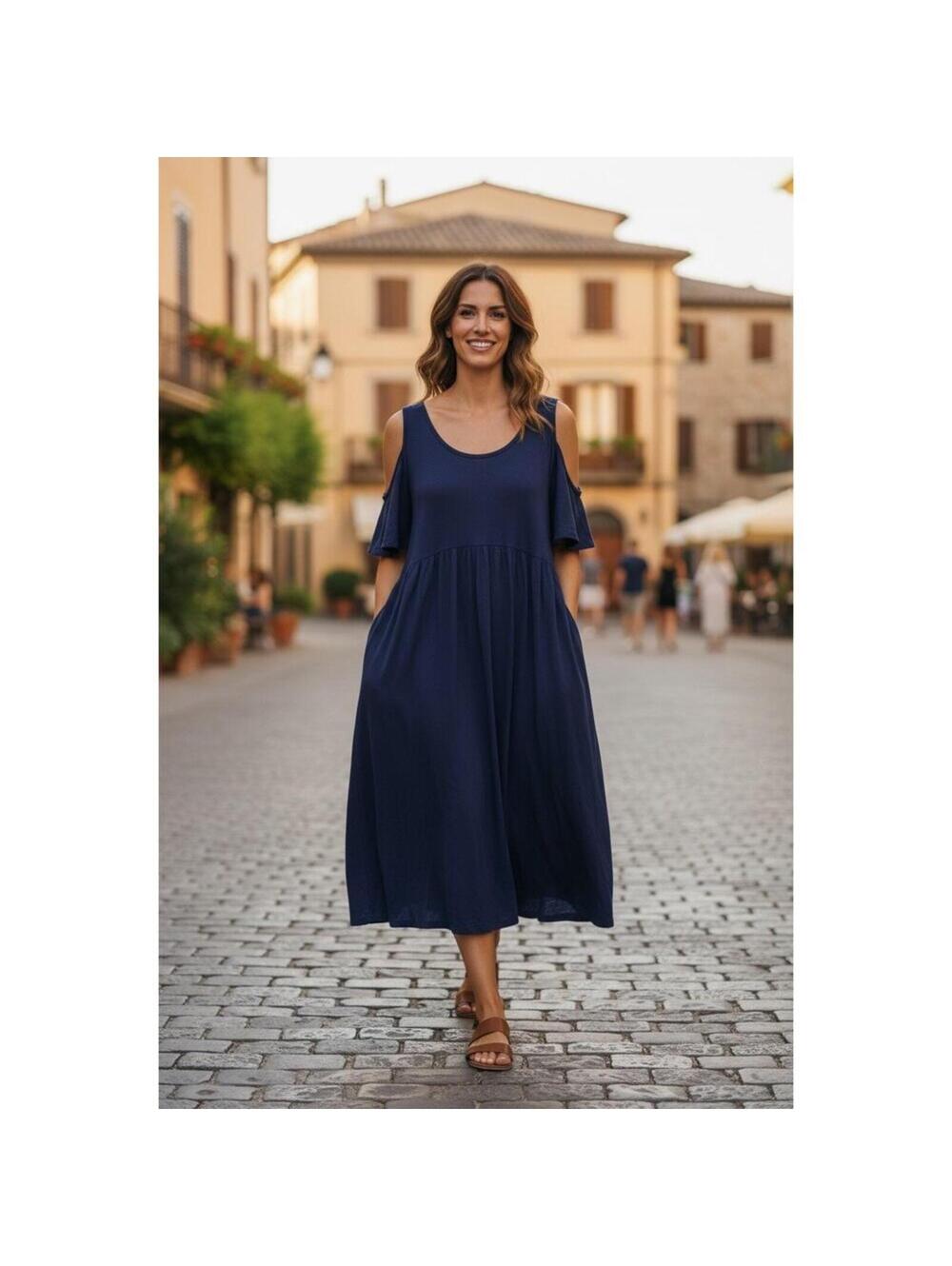 Hailey & Co. Navy Cold Shoulder Dress | Flowy Fit | Made in USA
